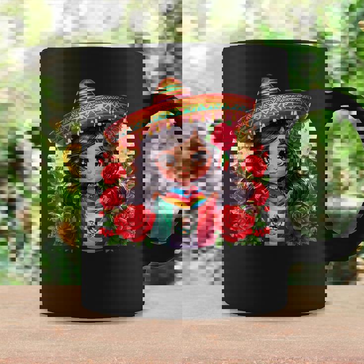 Long Haired Curvy Mexican Chibi Zarape Roses Mexican Pride コーヒーマグ ギフトのアイデア
