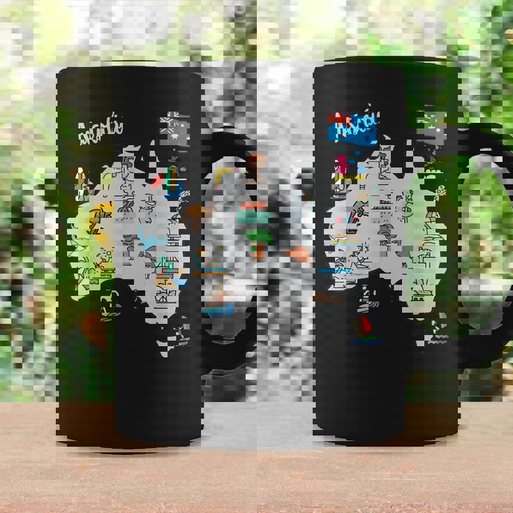 オーストラリアの地図。風景、動物、文化、シンボルのアイコン コーヒーマグ ギフトのアイデア