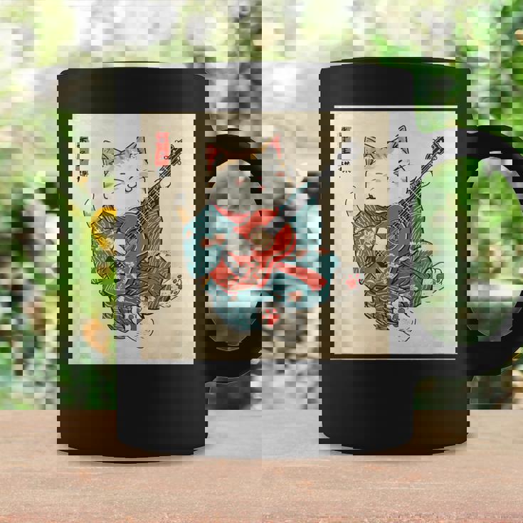 ギター奏でる猫 着物姿 ヴィンテージ 日本美術 面白い コーヒーマグ ギフトのアイデア