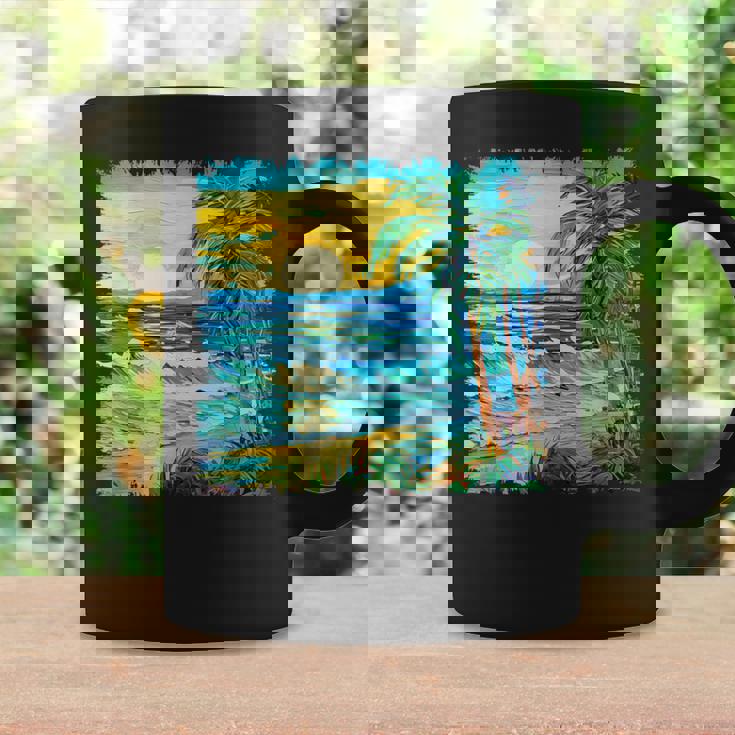 トロピカルビーチ 太陽 オーシャン ヤシの木 ゴッホスタイル アートデザイン コーヒーマグ ギフトのアイデア