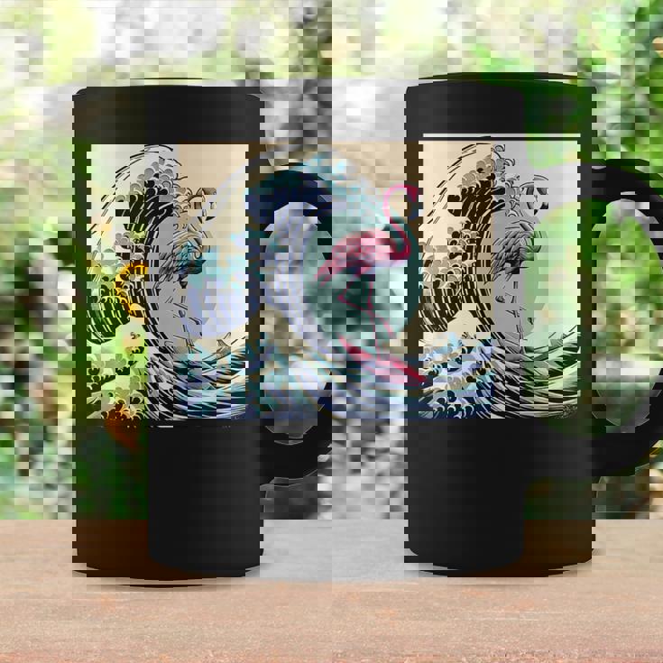 トロピカルピンク フラミンゴ グレートビッグウェーブサーファー オーシャンビーチ コーヒーマグ ギフトのアイデア