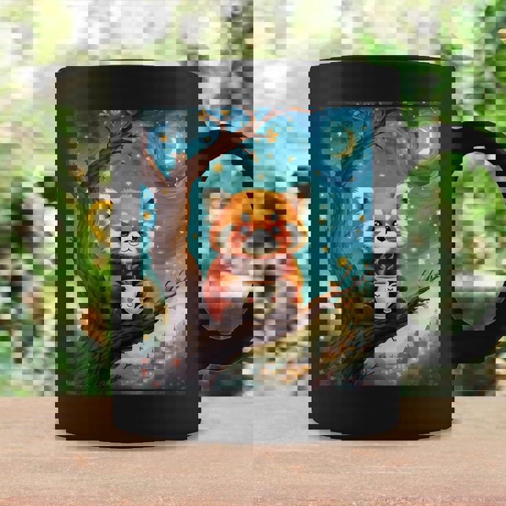 愛らしいレッサーパンダとティーカップの星月夜イラスト コーヒーマグ ギフトのアイデア