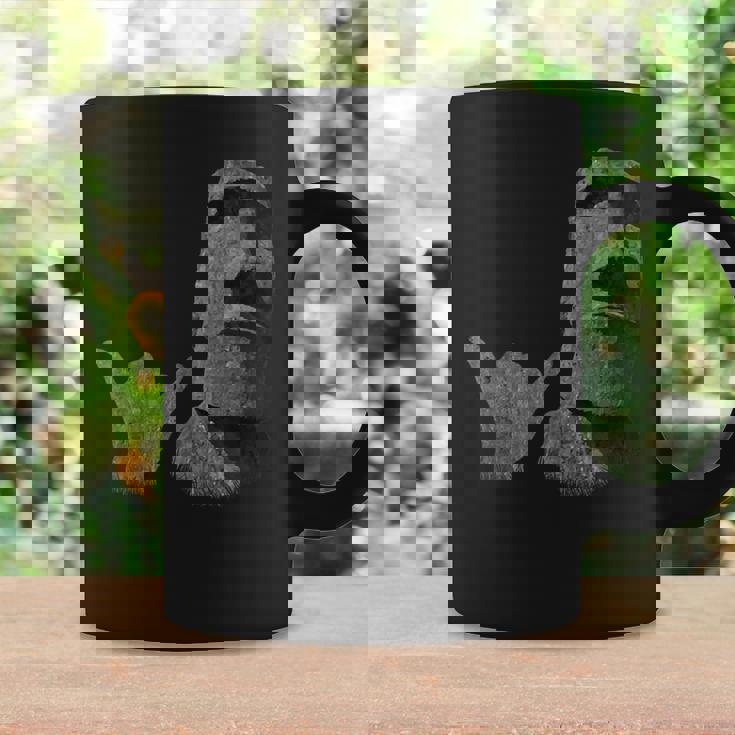 面白いイースター島のラパヌイのモアイ像 サーファーのシャカのサイン コーヒーマグ ギフトのアイデア