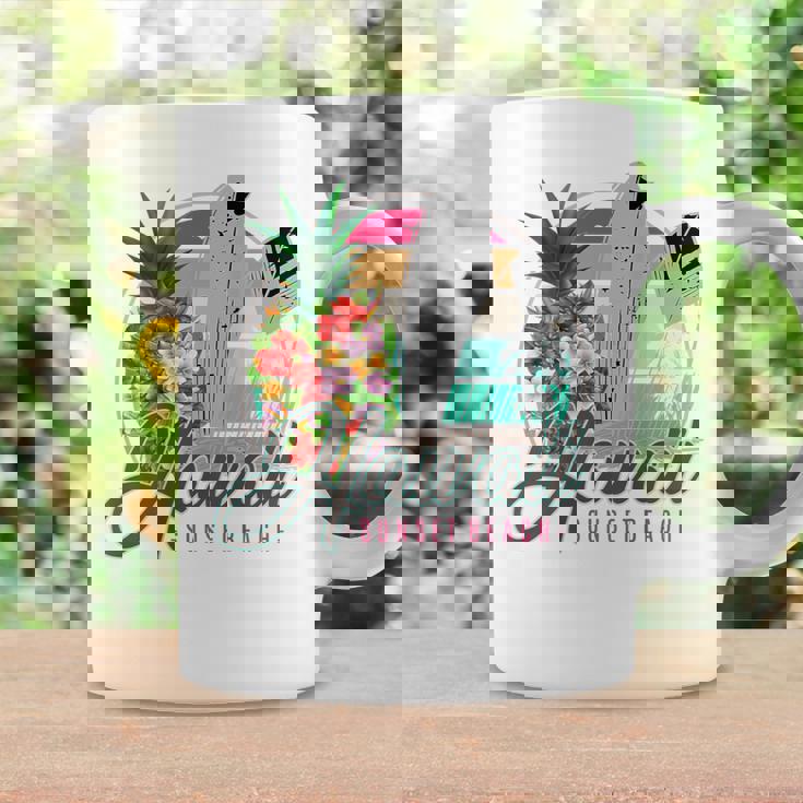 Sunset Beach Hawaii、サーフィンサーフボードレトロ、バックプリント コーヒーマグ ギフトのアイデア