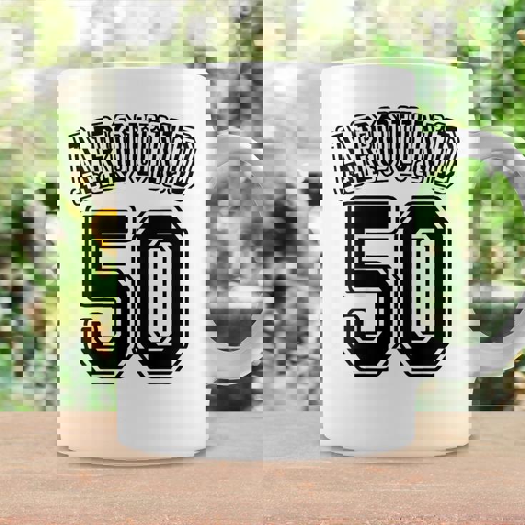 【バックプリント・背中側】Around 50 アラフィフ（五十歳 50才）ユニフォーム風 50代 誕生日プレゼント 面白 コーヒーマグ ギフトのアイデア