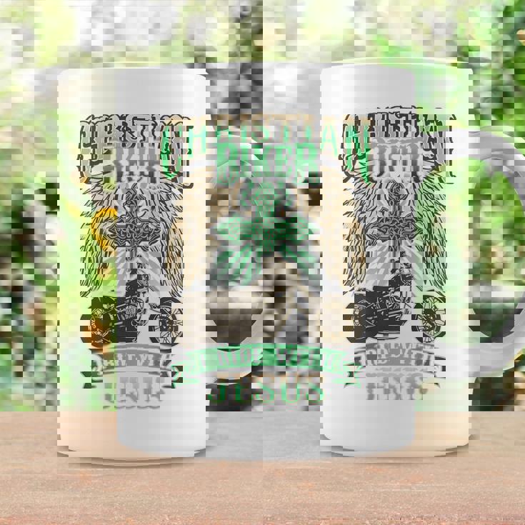 キリスト教バイカーライドウィズジーザスオートバイバックプリントデザイン コーヒーマグ ギフトのアイデア