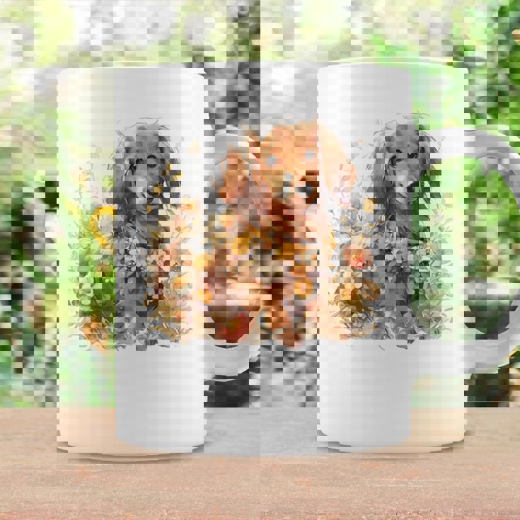 クリーム色の花のダックスフント 愛らしいミニドキシー犬 コーヒーマグ ギフトのアイデア