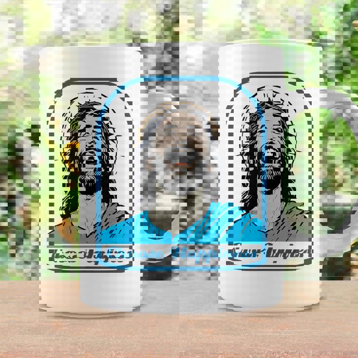 笑うイエス キリスト 喜び 幸せな笑顔 自信 いばらの冠 満足感 クリスマスプレゼント 贈り物 お土産 ポジティブ コーヒーマグ ギフトのアイデア