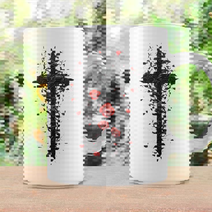 赤いバラのゴシック・クロス 長袖tシャツ コーヒーマグ ギフトのアイデア