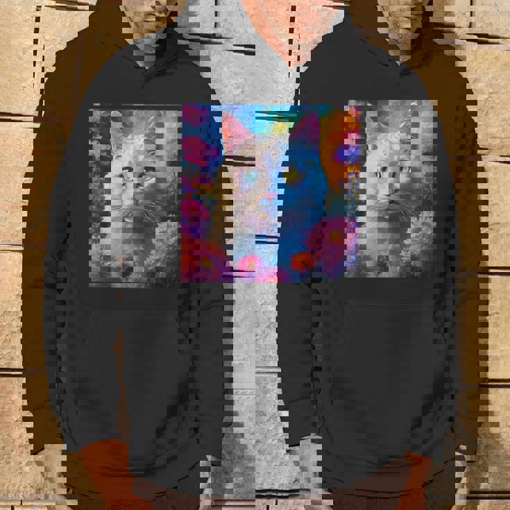 「お花畑のルディ猫」 油絵風ファンタジーアート 綺麗 かわいい オッドアイ リアル パーカー ライフスタイル