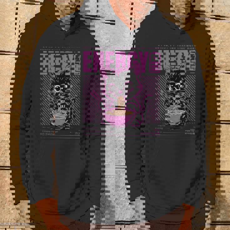 アニメ風ラーメン猫デザイン 充電と食欲のエネルギー系グラフィック パーカー ライフスタイル