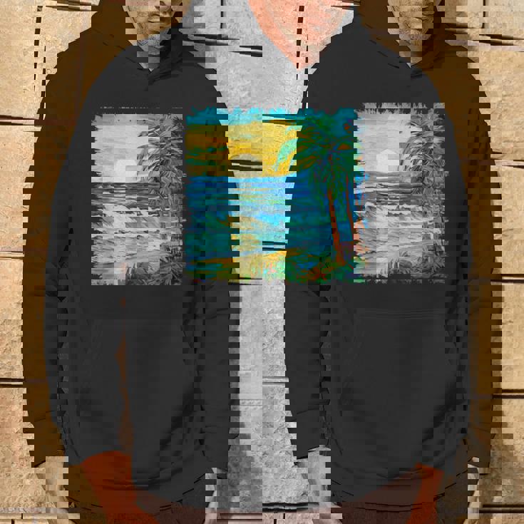 トロピカルビーチ 太陽 オーシャン ヤシの木 ゴッホスタイル アートデザイン パーカー ライフスタイル