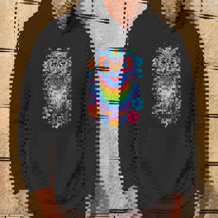 フクロウと花 カラフルなアートワーク フクロウの恋人 パーカー ライフスタイル