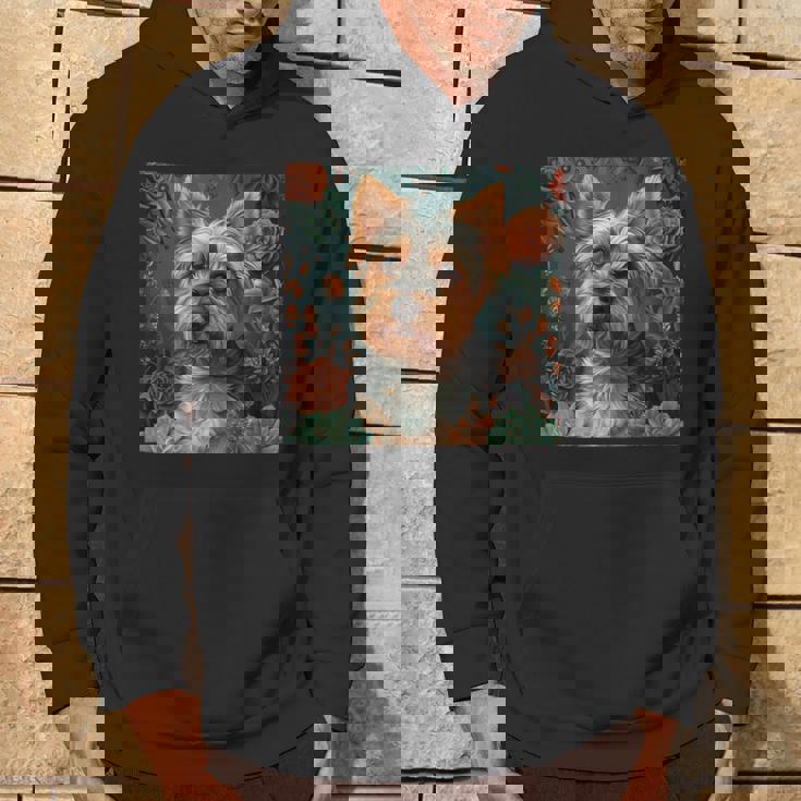 ヨークシャーテリア、ボーホースタイルのグラフィックの周りに多肉植物が描かれています。 パーカー ライフスタイル