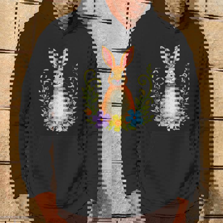 花と葉を持つ愛らしいウサギ 自然デザイン パーカー ライフスタイル