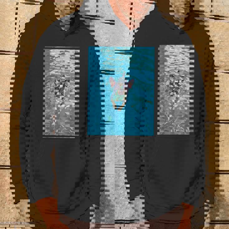 面白いボストンテリア プールで泳ぐ かわいい犬 ママ お父さん パーカー ライフスタイル