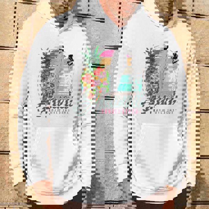 Sunset Beach Hawaii、サーフィンサーフボードレトロ、バックプリント パーカー ライフスタイル