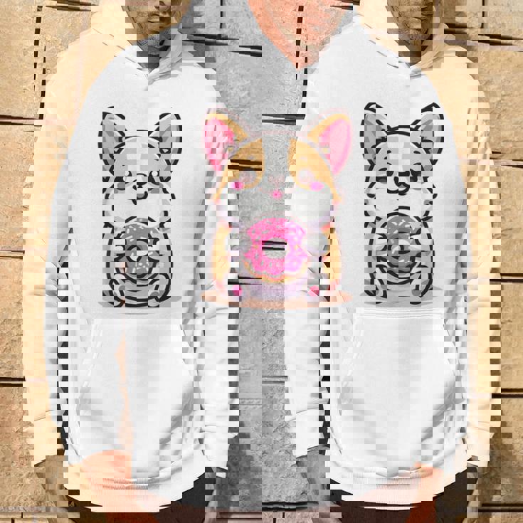 かわいいコーギーのドーナツを持つ漫画の犬愛好家アートキッズ。 パーカー ライフスタイル