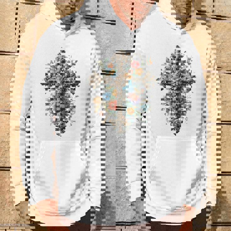 十字架 スピリチュアル キリスト 花 イエス 信仰 十字架 十字架 長袖tシャツ パーカー ライフスタイル