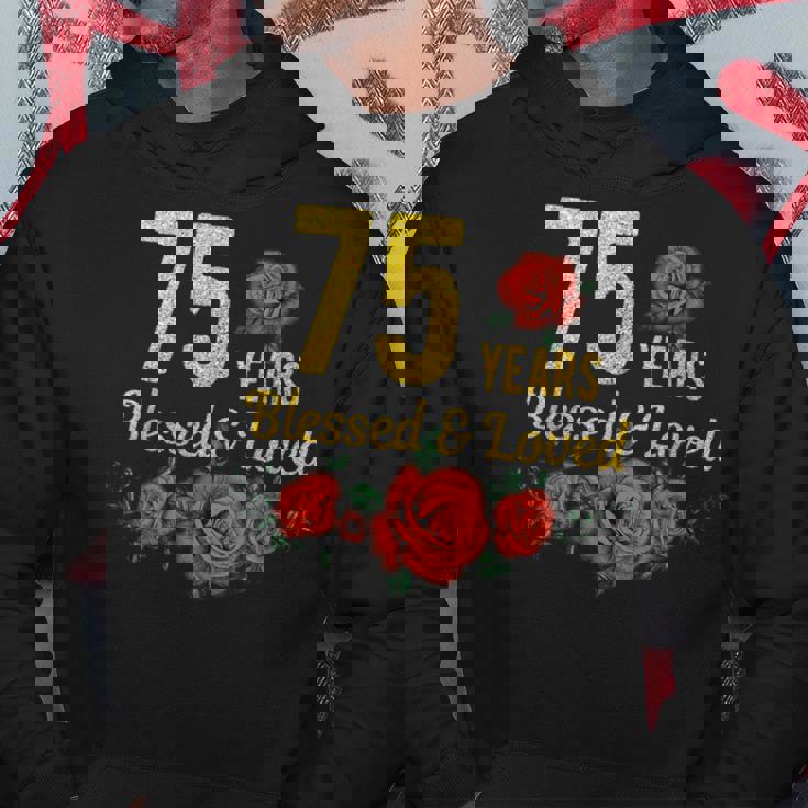 75歳 祝福され愛されたバラの花 フローラル 75歳の誕生日 パーカー 面白い贈り物