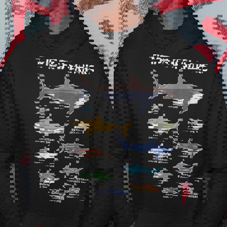 9種類のサメ教育カラフルな海英語 パーカー 面白い贈り物