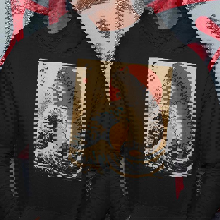 Catzilla 日本の波 ヴィンテージ 夕日 面白い 猫 アート パーカー 面白い贈り物