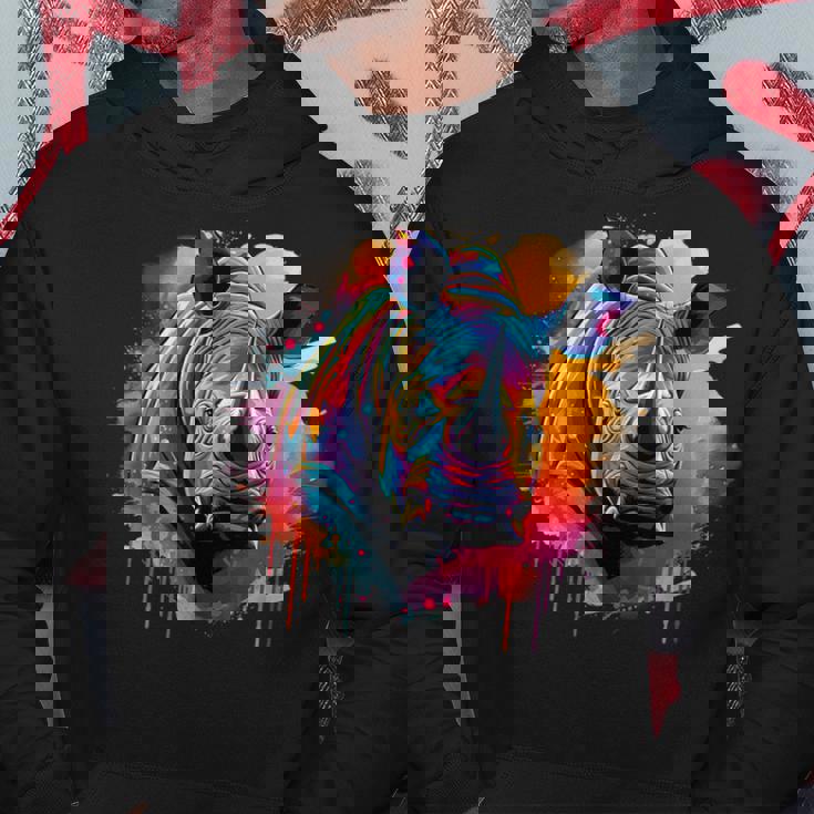 Rhinoceros アートワーク ポートレート 動物 アート カラフル スプラッシュ サイ パーカー 面白い贈り物