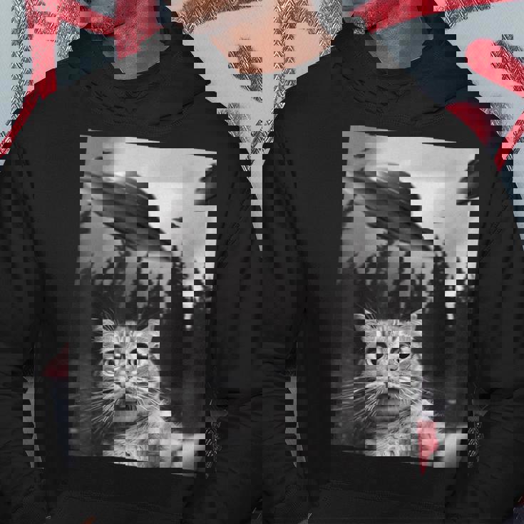 Ufo と面白い猫のセルフィー パーカー 面白い贈り物