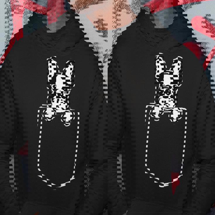 かわいいパイドフレンチブルドッグ ポケットに入れた犬 愛犬 ペットオーナー パーカー 面白い贈り物