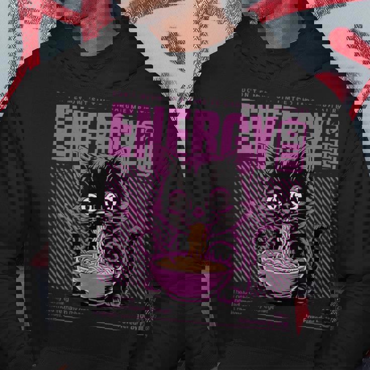 アニメ風ラーメン猫デザイン 充電と食欲のエネルギー系グラフィック パーカー 面白い贈り物