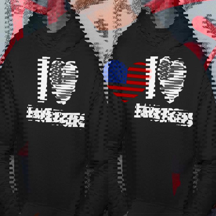 アメリカ国旗とハートのアイ・ラブ・ハンバーガー パーカー 面白い贈り物