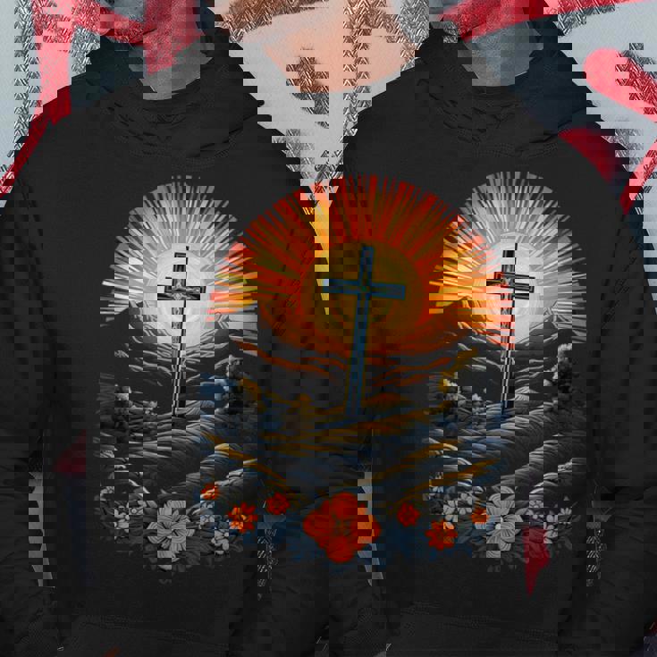 イースターデー クロスフラワー サンセット クリスチャン イースター パーカー 面白い贈り物