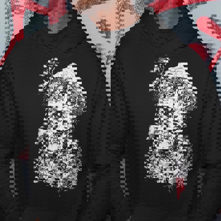 キノコや花があしらわれた骸骨の幻覚的なイラスト パーカー 面白い贈り物