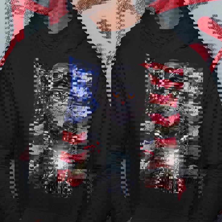 グレー 猫 ねこ バイク 星条旗 アメリカ パーカー 面白い贈り物