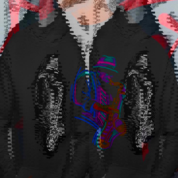 サックス奏者 ジャズ好きのためのカラフルなラインアート パーカー 面白い贈り物