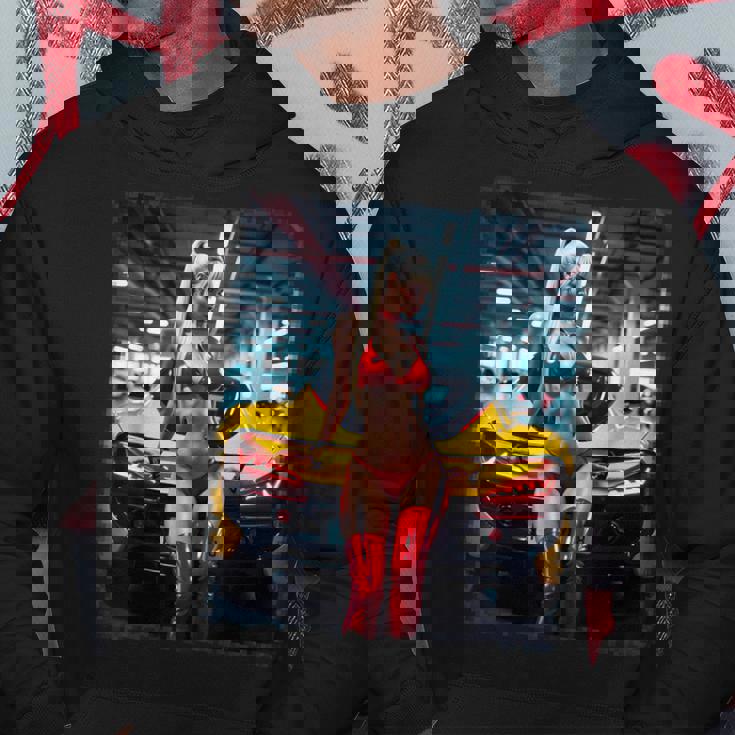 セクシーガールグラフィックtシャツ セクシーブロンドビキニモデル&車 パーカー 面白い贈り物