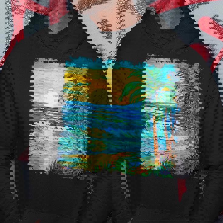 トロピカルビーチ 太陽 オーシャン ヤシの木 ゴッホスタイル アートデザイン パーカー 面白い贈り物