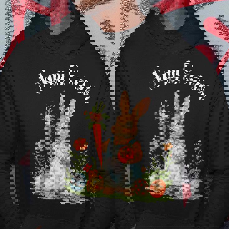 ハッピーイースターバニーニンジンイースターエッグ イースターラビットアートワーク パーカー 面白い贈り物