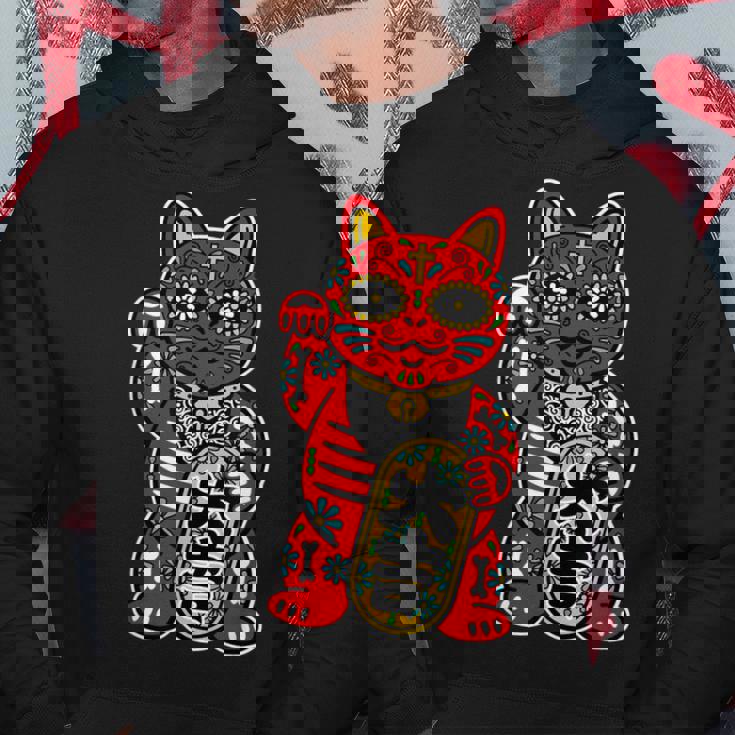 メキシコ 死者の日 と 招き猫 ネコ を組合わせた シュガー スカル キャット 赤 レッド 大吉 猫好き ねこマニア パーカー 面白い贈り物