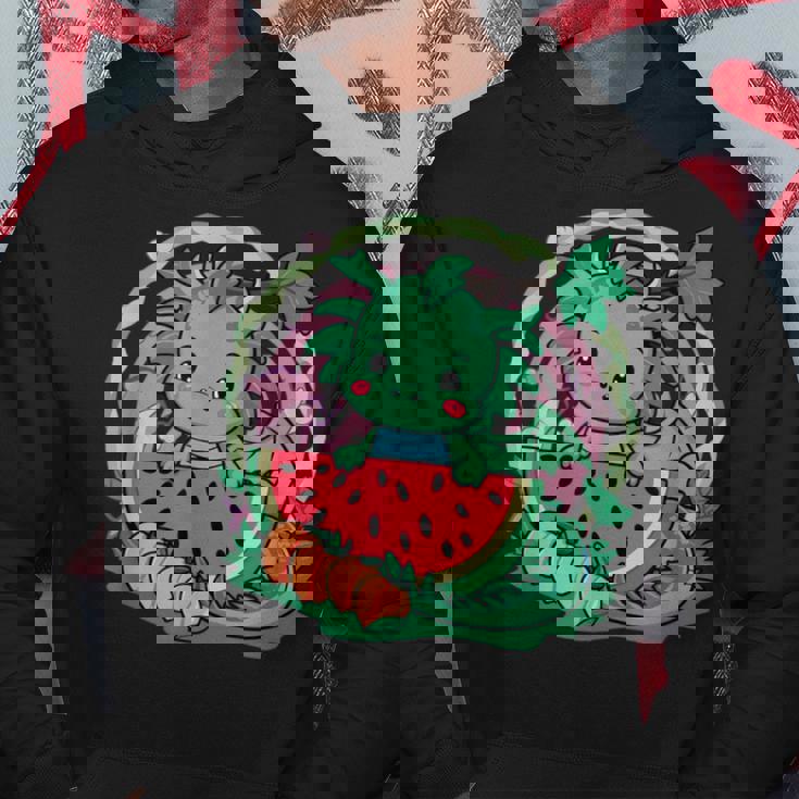 桃とスイカの漫画かわいいドラゴン パーカー 面白い贈り物