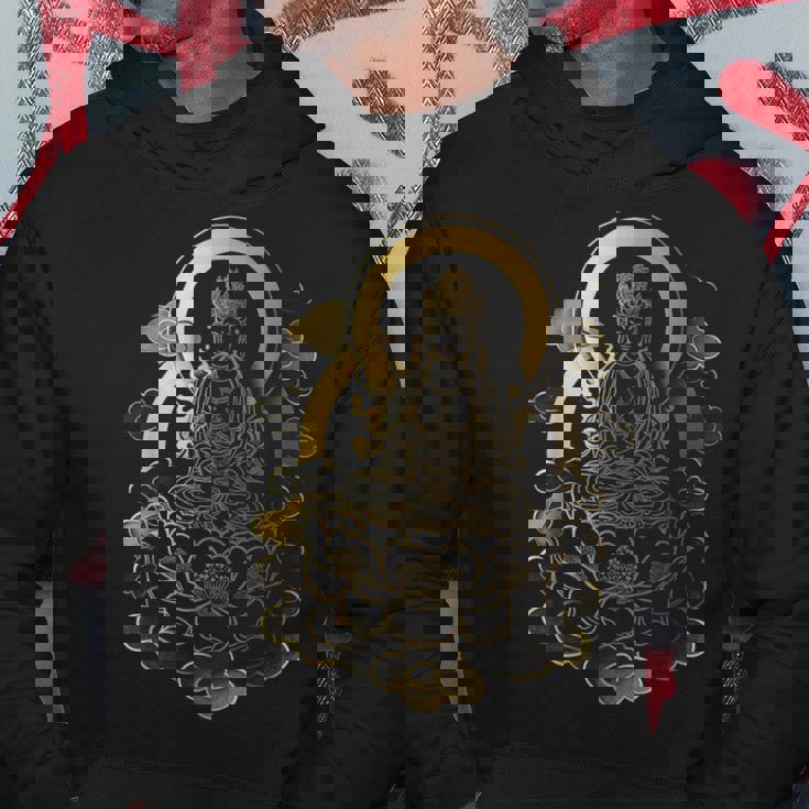 蓮の雲に座っている穏やかな仏陀 スピリチュアルマインドフルネス パーカー 面白い贈り物