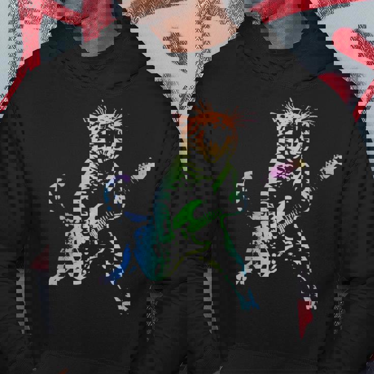 虹色グラデーションの猫のギターデザイン パーカー 面白い贈り物