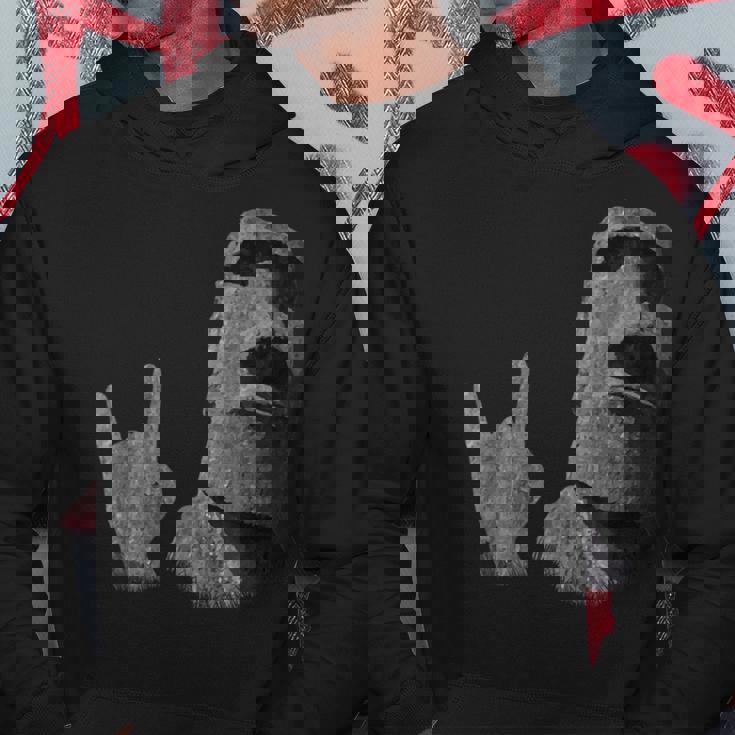 面白いイースター島のモアイ像のロッカーign Of The Horns パーカー 面白い贈り物