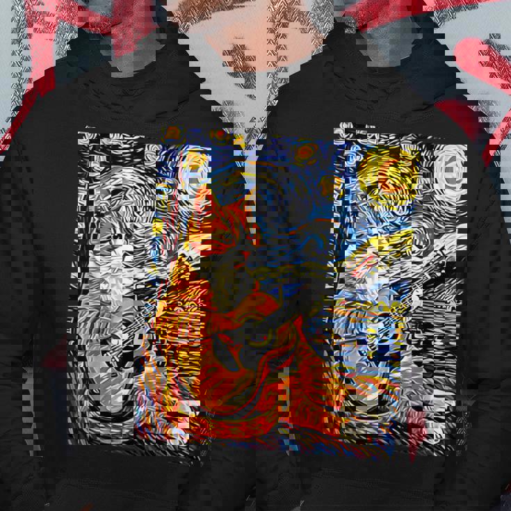 面白いレトロなデザインの猫がギターを弾く 星月夜 パーカー 面白い贈り物