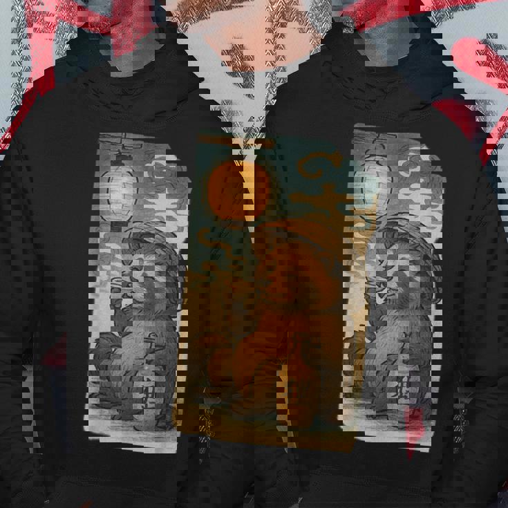 麦わら帽子をかぶったたぬき・酒・提灯・浮世絵風 パーカー 面白い贈り物