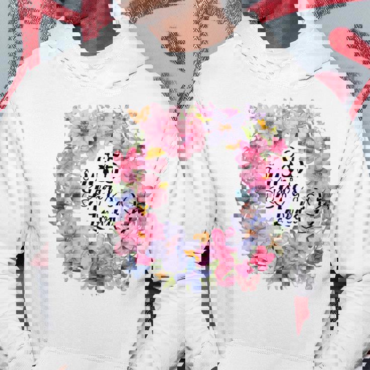 85年間愛されている 85歳の誕生日 花のリースと蝶 パーカー 面白い贈り物