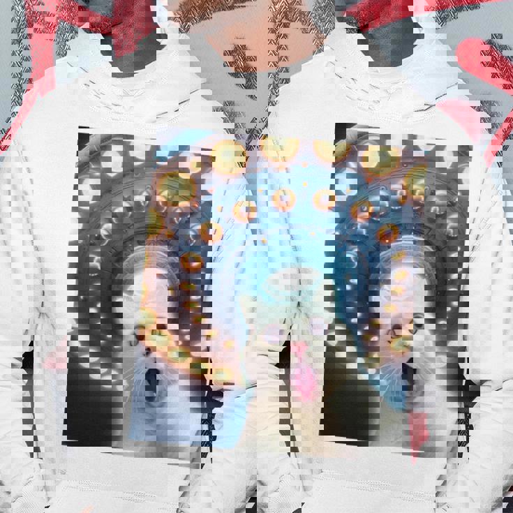 Ufo エイリアンフライングソーサー付き面白い白猫愛好家セルフィー 長袖tシャツ パーカー 面白い贈り物