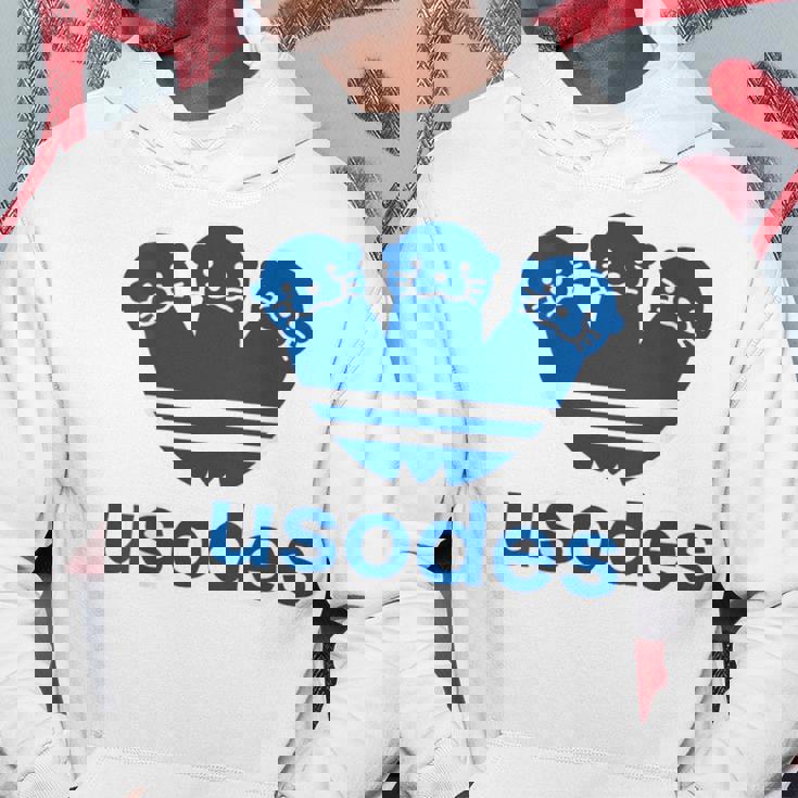 【バックプリント・背中側】ウソデス Usodes かわうそです。《ブルー 青》スポーツ ブランド パロディ 面白い パーカー 面白い贈り物