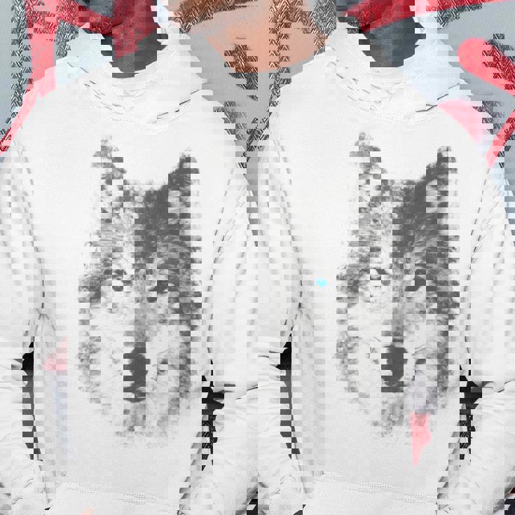 オオカミの顔 青い目 美的スマッジアートスタイル 野生動物 パーカー 面白い贈り物