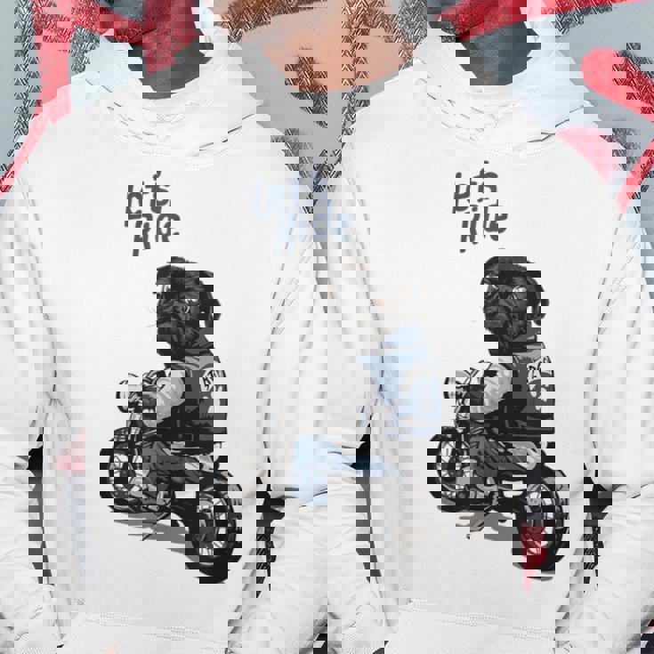 バイクに乗る面白いパグ犬レッツライド パーカー 面白い贈り物